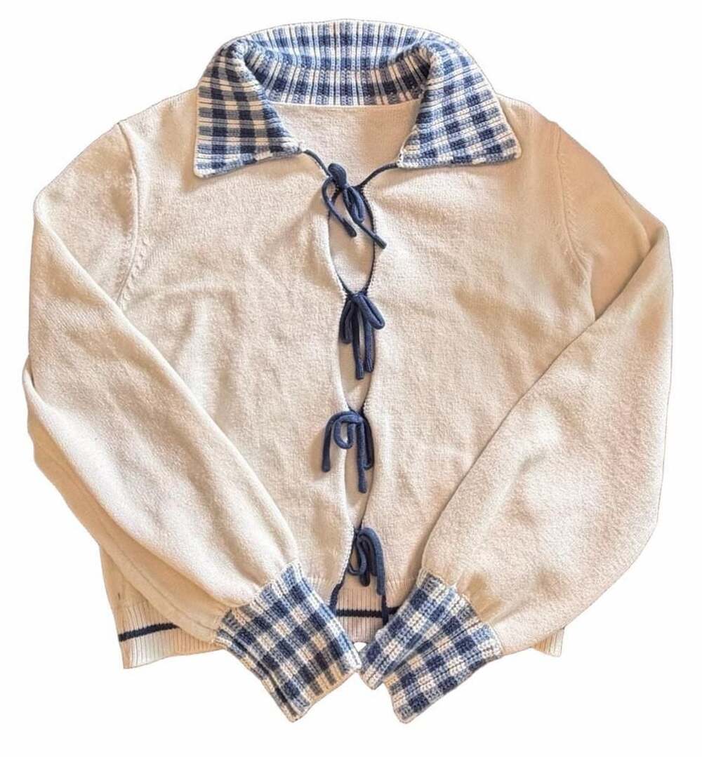 Cottage core Simple Retro Cardigan Size M Blue White Gingham Collar